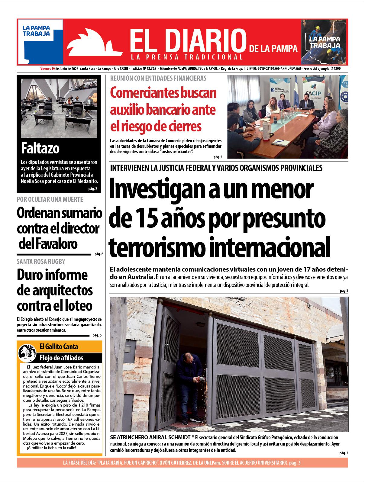 Tapa de El Diario en papel  viernes 19 de junio de 2026